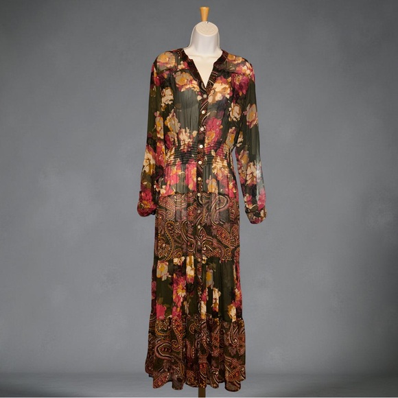 Hope Springs Size XL Boho Maxi Green Red Floral Button Up With Sheer Overlay - Picture 1 of 6